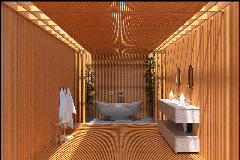 długa wąska łazienka w stylu japońskim